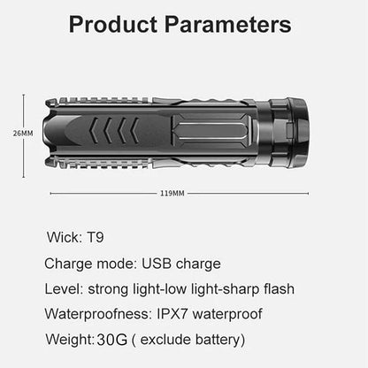 2PCS Germany New Technology Multifunctional Rechargeable Flashlight, Multifunctional Mini Super Strong LED Flashlight, T9 Strong Light Wick Flashlight for Outdoor Camping (Black)