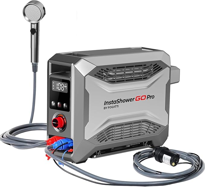 FOGATTI Portable Gas Water Heater, InstaShower GO Pro, Propane, 22,000 Highest BTU, with 5000mAh Rechargeable Built-in Battery, DC 12V, Outdoor Camping Shower with Tip-Over Protection, Safety Shutoff