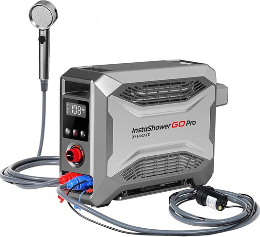 FOGATTI Portable Gas Water Heater, InstaShower GO Pro, Propane, 22,000 Highest BTU, with 5000mAh Rechargeable Built-in Battery, DC 12V, Outdoor Camping Shower with Tip-Over Protection, Safety Shutoff