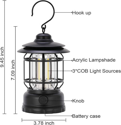 LED Camping Lanterns Rechargeable Portable, Vintage Style Tabletop Lantern, Stepless Dimming, Waterproof - Black, 2 Pack for Camping, Hanging Tent Light, and Power Outages
