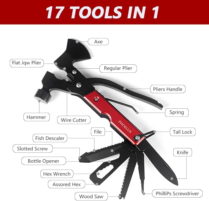 16-IN-1 Camping Multitool (Red) Axe Hammer Survival Gear with Knife, Pliers, Saw, Fish Descaler, Screwdriver, Bottle Can Opener and Nylon Sheath, Good for Outdoor, Camping and Hiking