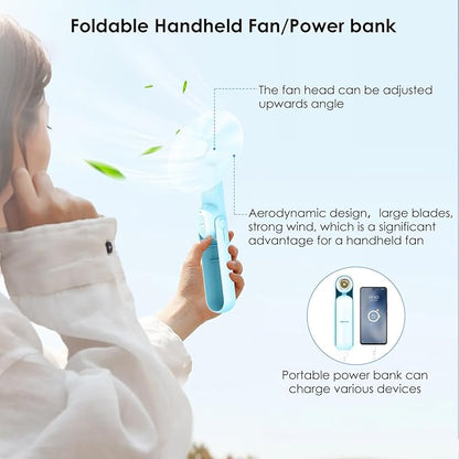 4 IN 1 Portable Handheld Fan,Personal Foldable Cooling Fan, Mini Pocket Fan,Desk Fan,Hand Fan,Flashlight,Power Bank,Table Lamp,Camping Travel Beach Fan, Birthday Gifts for Women Men(Light Blue)