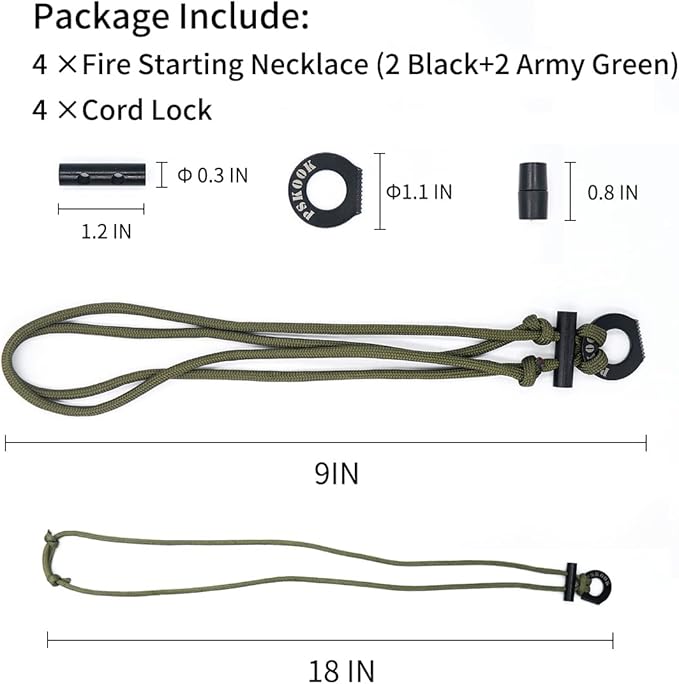 PSKOOK Fire Starter Necklace, Survival Paracord Necklace with Flint and Steel, Bushcraft Necklace for Camping, Hiking and Backpacking