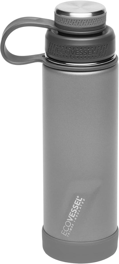 EcoVessel Stainless Steel Water Bottle with Insulated Dual Lid, Insulated Water Bottle with Strainer and Silicone Bottle Bumper, Coffee Mug – 20oz (Slate Grey)