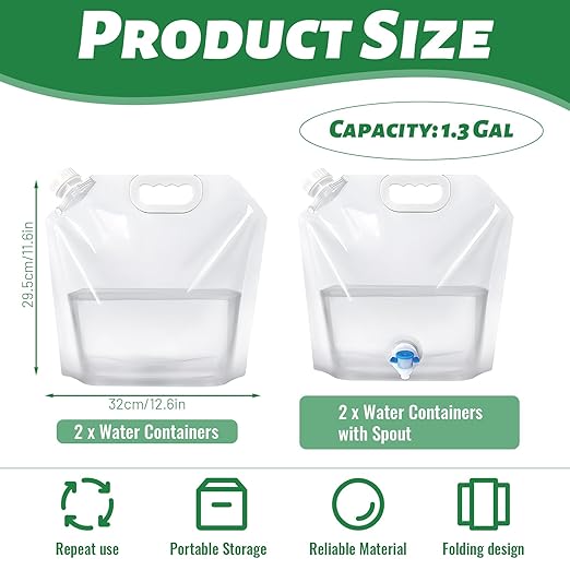 4 Pack Collapsible Water Jug Container, Portable Water Bags with Spout, Folding Plastic Water Carrier Tank, No Leak Emergency Camping Water Storage for Travel Hiking (1.3 Gal)