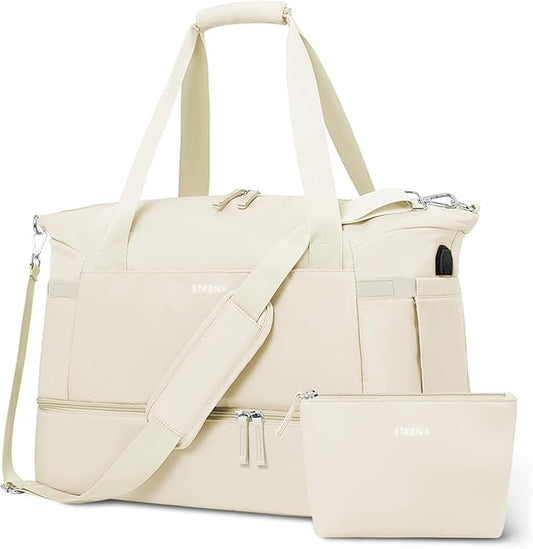ETRONIK Gym Bag for Women, 47L Carry On Travel Duffel Bag with Shoes Compartment, Weekender Overnight Bag with Wet Pocket & USB Charging Port for Women, Travel, Gym, Weekend, Large Size (Beige)