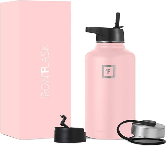 IRON °FLASK Camping & Hiking Hydration Flask, Wide Mouth, 3 Straw Lids, Stainless Steel Outdoor Water Bottle, Double Walled, Insulated Thermos, Metal Canteen - Rose, 64 Oz