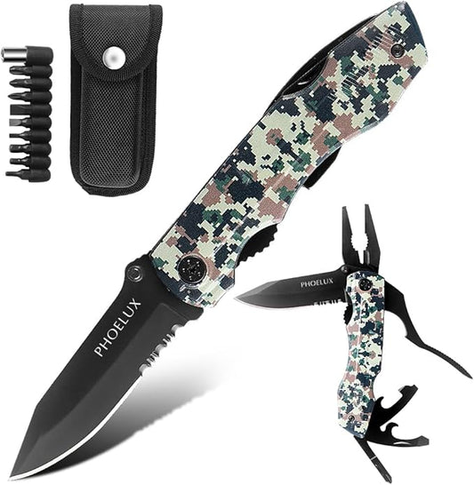 12-IN-1 Pocket Multitool (Camo) with Pocket Knife, Pliers, Can Opener, Bottle Opener, 9-in-1 Screwdriver Bit Set, Safety Locking and Nylon Sheath, Good for Outdoor, Camping and Hiking