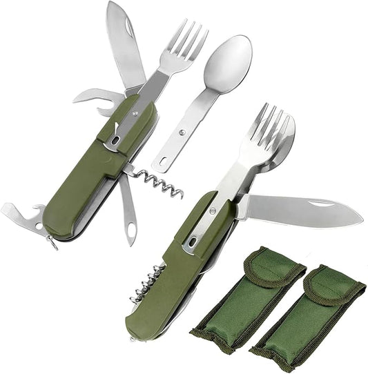 2 Pack 7-in-1 Camping Utensils - Portable Stainless Steel Camping Fork Spoon Knife Set for Camping, Hiking, Picnics Outdoor Enthusiasts, and Travel - Essential Survival Utensil Tool Kit