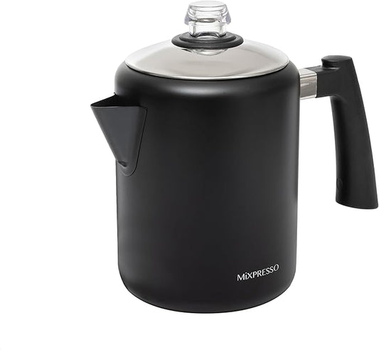 Mixpresso Black Stainless Steel Coffee Percolator Stovetop, 37oz Classic Percolator Coffee Pot, Excellent For Camping Pot, 5-8 Cup Stove Top Coffee Maker, Cool-Touch Handle