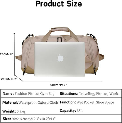 Gym Bag for Men Women, Large Sports Travel Duffle Bag with Wet Pocket & Shoe Compartment, 35L Waterproof Lightweight Carry On Overnight Weekender Bag for Workout, Fitness, Business - Beige
