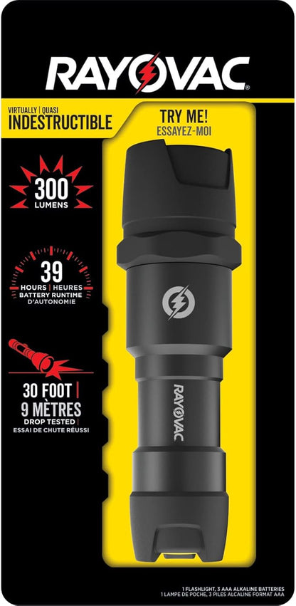 Rayovac - DIY3AAA-BE Virtually Indestructible LED Flashlight, 300 Lumen Waterproof Tactical Flashlight - Super Bright High Mode LED Flashlights for Camping, Hiking, Dog walking Black