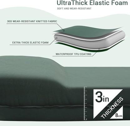 INVOKER Camping Sleeping Pad – 3.1 inch UltraThick Elasticity Foam Fast Self-Inflating Insulated Durable Camping Mat with Pillow for Tent Backpacking Traveling and Hiking Air Mattress