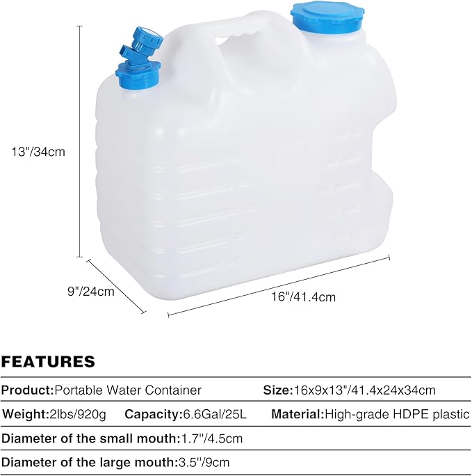 REDCAMP 6.6 Gallon Portable Water Container with Spigot, Water Storage Camp Water Jug for Camping Outdoor Hiking (25L, White)