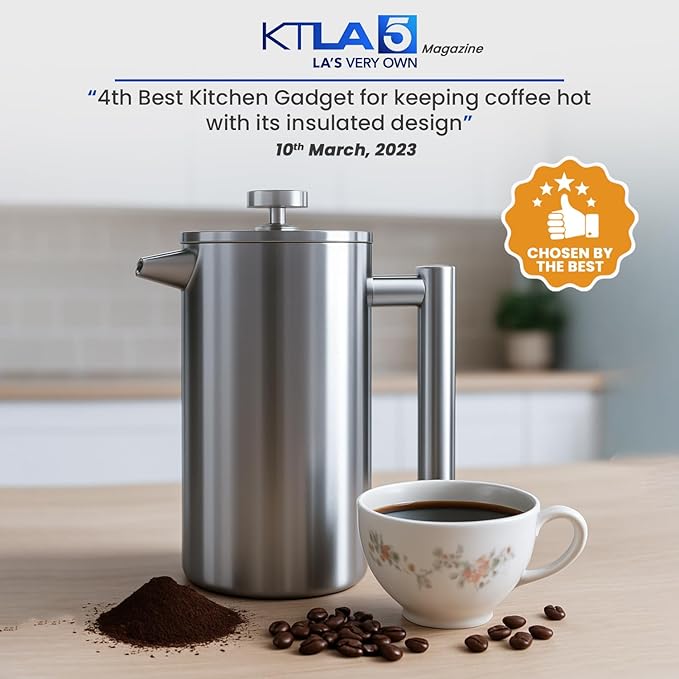 Utopia Kitchen Stainless Steel French Press Coffee Maker 34 Oz (1 Litre) with 2 Extra Filters, French Press Coffee & Tea Maker for Kitchen & Camping, Cold Brew Cafetiere, Silver