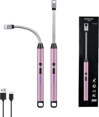 2 PCS Candle Lighter, Electric Lighter Arc Windproof Flameless with 360° Flexible Neck & LED Power Display,USB Rechargeable Lighter for BBQ, Grill, Camping, Fireplace, Stove(Pink)