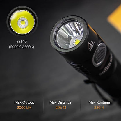 sofirn SC31T Rechargeable Flashlight 2000 Lumens, Pocket Flashlight with Powerful SST40 6500K LED, for EDC Camping Hiking Fishing Dog Walking (SC31T-Kit)