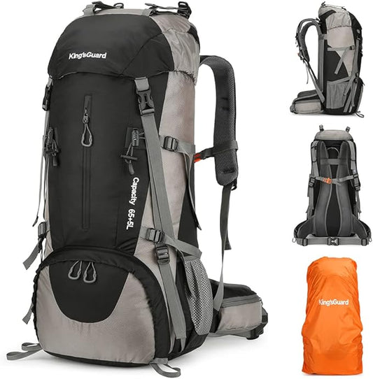 King'sGuard 70L Hiking Backpack Large Lightweight Waterproof Camping Backpack Travel Backpacking Backpack Daypack with Rain Cover -Frameless (Black)