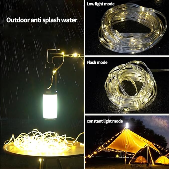 LED Rechargeable Flashlight and Warm Light Two in One Camping Light, Outdoor Portable Tent Atmosphere Decoration Light. Can Hang Ultra Long 10 Meter Light Strip with Multifunctional Lighting.