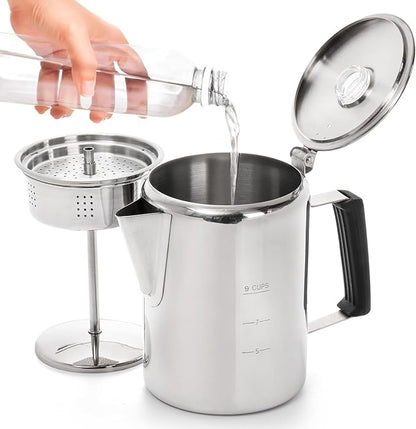 Camping Coffee Pot Stainless Steel, Coffee Pot Outdoors, Durable Stove Top Coffee Maker, Brew Coffee on Fire, Ideal for Group Camping, Hiking, Backpacking, RV and Travel, 9 Cups
