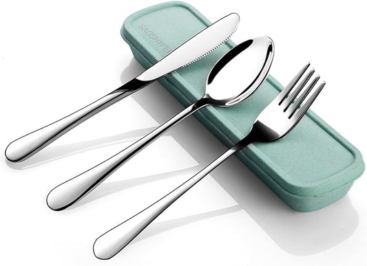 Portable Utensils Set with Case, 4pcs Stainless Steel Reusable Silverware for Lunch Camping School Picnic Workplace Travel, Lunch Box Includ Fork Spoon Knife,Easy to clean,Dishwasher Safe