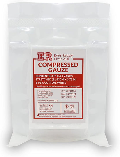 Ever Ready First Aid Compressed Sterile Gauze, 6-Ply Emergency Medical Dressing for First Aid Kits – 4.5” x 4.1 Yards - 10 Pack