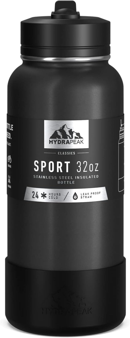 Hydrapeak 32oz Sport Insulated Water Bottle with Straw or Chug Lid, Leak & Spill Proof, Keeps Drinks Cold for 24 Hours, Hot for 12 Hours, Premium Stainless Steel Water Bottles (32oz, Black)