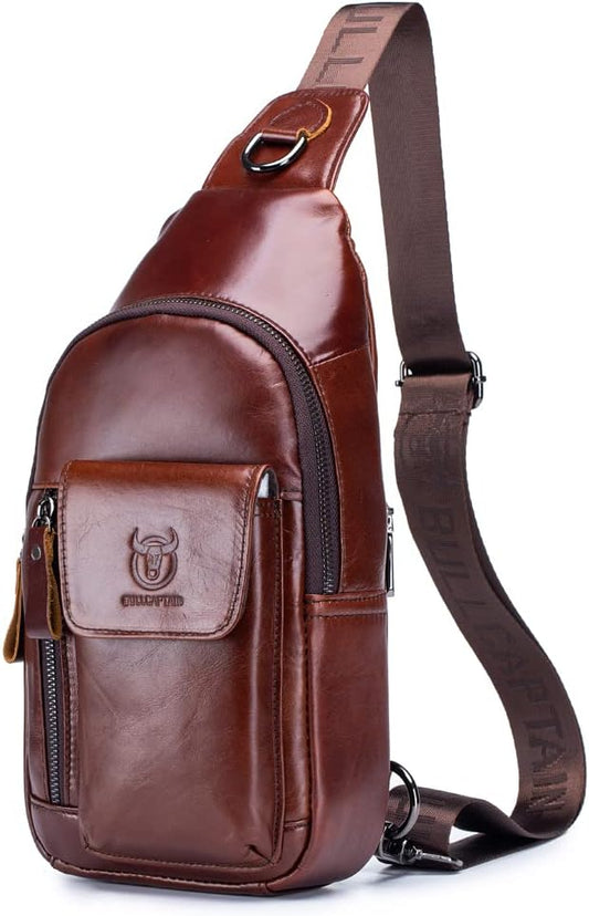 KPYWZER Leather Sling Bag Hiking Daypack for Men Women Outdoor Travel Camping Fishing Crossbody Shoulder Chest Pack Backpack Daypack Brown