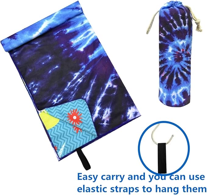 Beach Towel Microfiber Beach Towel with Pocket Sand Free Beach Blanket Super Lightweight Thin Towels for Swimming Pool, Camping, Picnic, Yoga Gym Sports, Blue Die dye Beach Towels (tie dye blue)