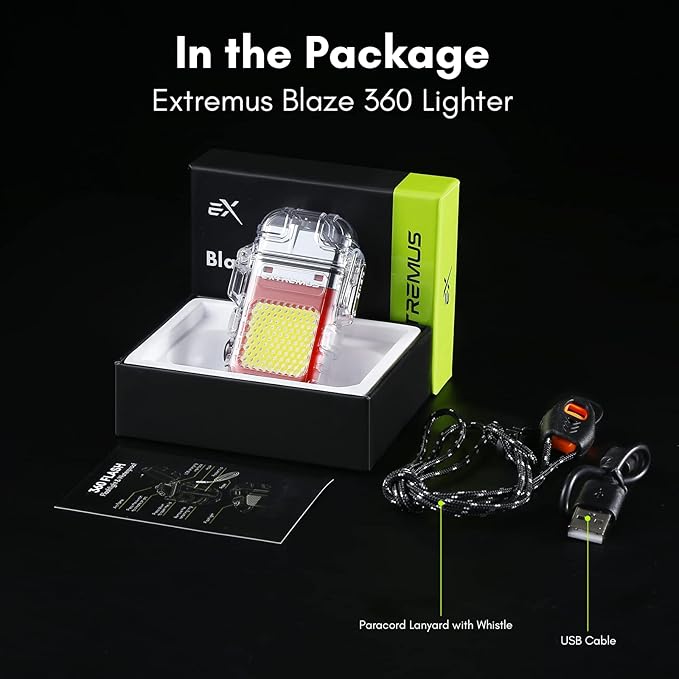 Extremus Blaze 360 Rechargeable Electric Lighters, Dual Arc Lighter, Windproof Plasma Lighter, Waterproof Lighter, Flameless Lighter with Whistle Lanyard for Camping (Red Flash)