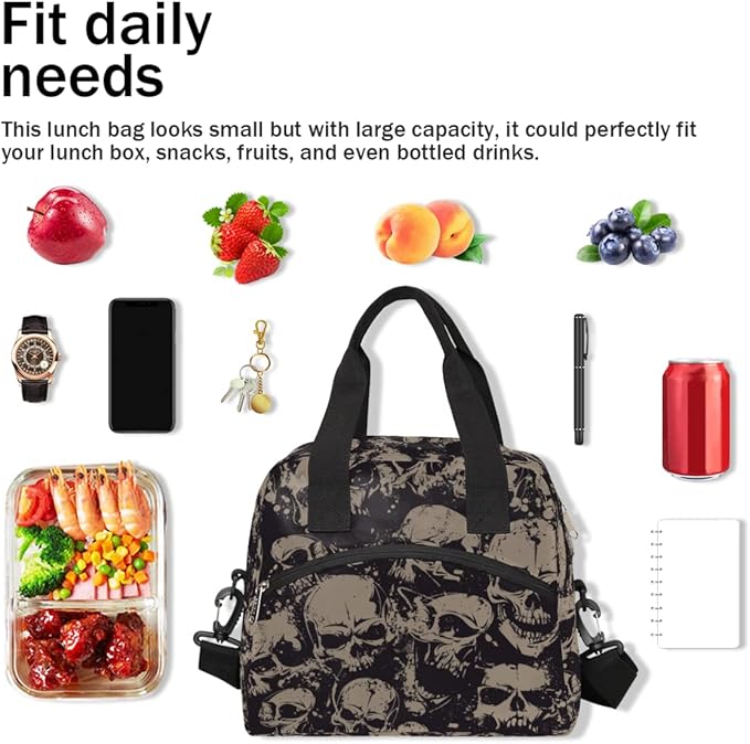 Vintage Skull Skeleton Insulated Lunch Bags for Women Men Adult Halloween Goth Reusable Lunch Tote Therma Cooler Bag with Shoulder Strap Lunch Box for School Work Office Picnic Meal Prep Bag