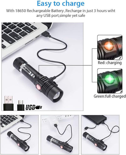 Flashlights USB Rechargeable, Tactical Led Flashlight, 4 Models, Zoomable, Waterproof, High Lumens Flashlight with Clip for Camping, Hiking and Outdoor