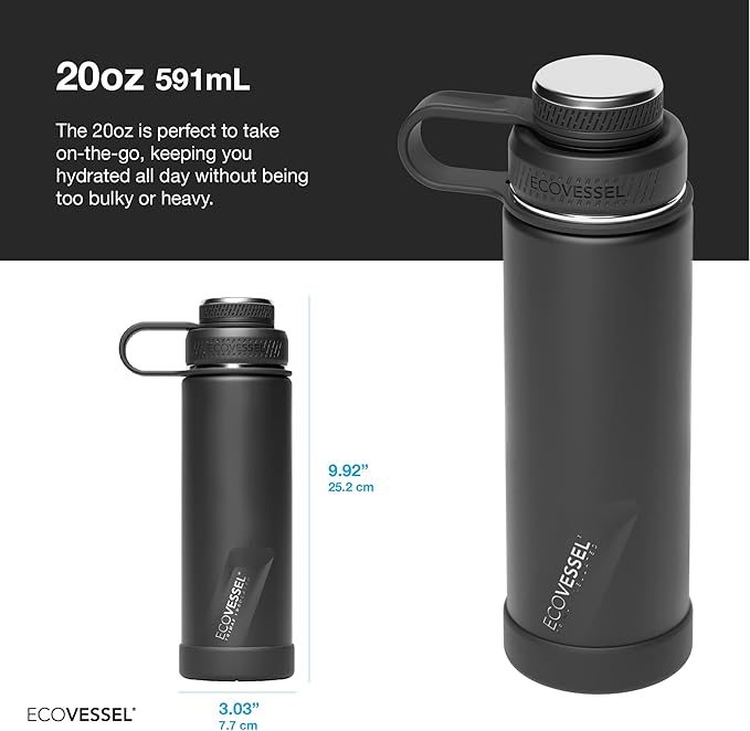 EcoVessel Stainless Steel Water Bottle with Insulated Dual Lid, Insulated Water Bottle with Strainer and Silicone Bottle Bumper, Coffee Mug (Vapor Wave, 20 oz)