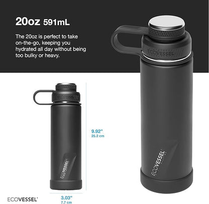 EcoVessel Stainless Steel Water Bottle with Insulated Dual Lid, Insulated Water Bottle with Strainer and Silicone Bottle Bumper, Coffee Mug (Vapor Wave, 20 oz)
