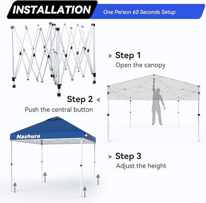 Nazhura 10' x 10' Pop Up Canopy Tent with Sand Weight Bag, Freestanding Sun Shelter for Picnic and Camping, One Person Setup and Height Adjustable (Blue)