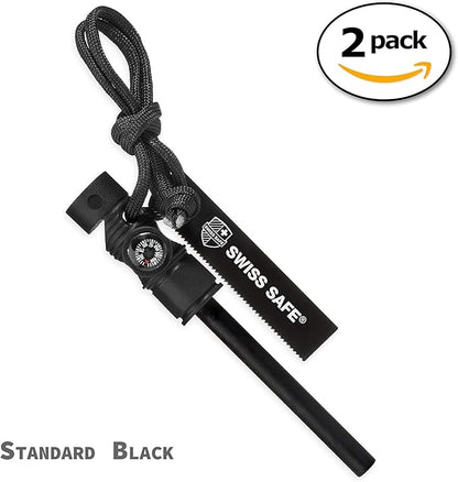 Swiss Safe 5-in-1 Fire Starter with Compass, Paracord and Whistle (2-Pack) for Emergency Survival Kits, Camping, Hiking, All-Weather Magnesium Ferro Rod