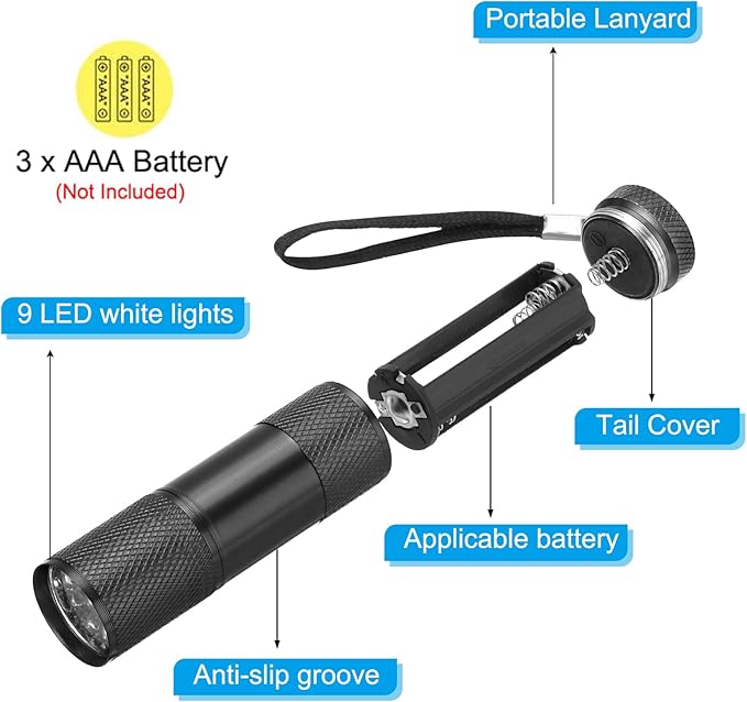 PATIKIL 9 LED Mini Flashlights, Aluminum Pocket Flashlight Torch with Lanyard for Camping, Hiking, Outdoor Emergencies, Black
