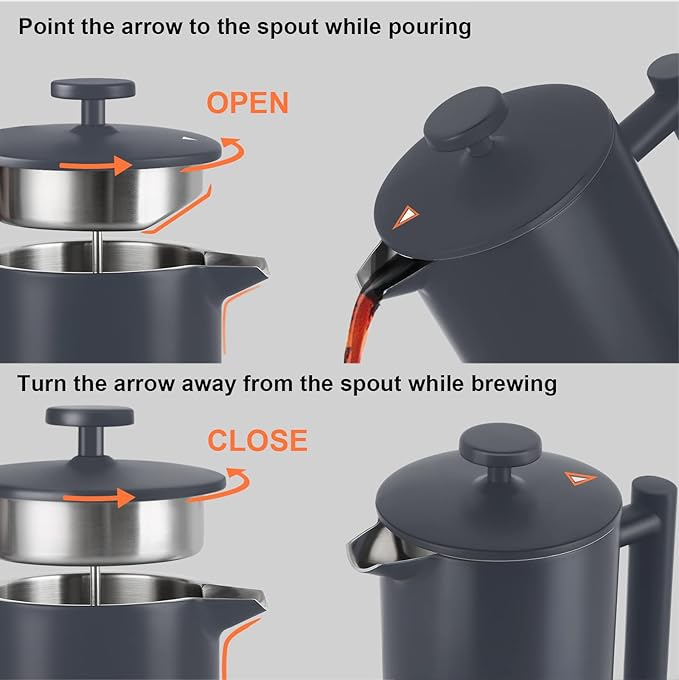 Secura French Press Coffee Maker, 304 Grade Stainless Steel Insulated Coffee Press with 2 Extra Screens, 34oz (1L), Grey