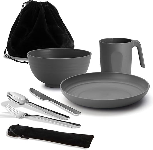 Camping Utensils, Reanea amping Mess Kit for Travel, Camping, Picnic, Outdoor, Camping Gear Include Knife, Spoon, Fork Cutlery Set, Cup, Bowl, Plate, Camping Essentials for 1