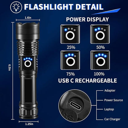 3Pack Rechargeable Flashlights High Lumens, 990000lm Super Bright Flashlight, 5Modes LED Flashlight Rechargeable, Adjustable Tactical Flashlights High Powered, Flash Lights for Emergency Camping Home
