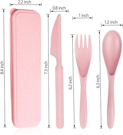 Reusable Travel Utensils Set with Case, Pink Wheat Straw Portable Knife Fork Spoons Tableware, Eco-Friendly BPA Free Cutlery for Kids and Adults as Travel Picnic Camping Utensils