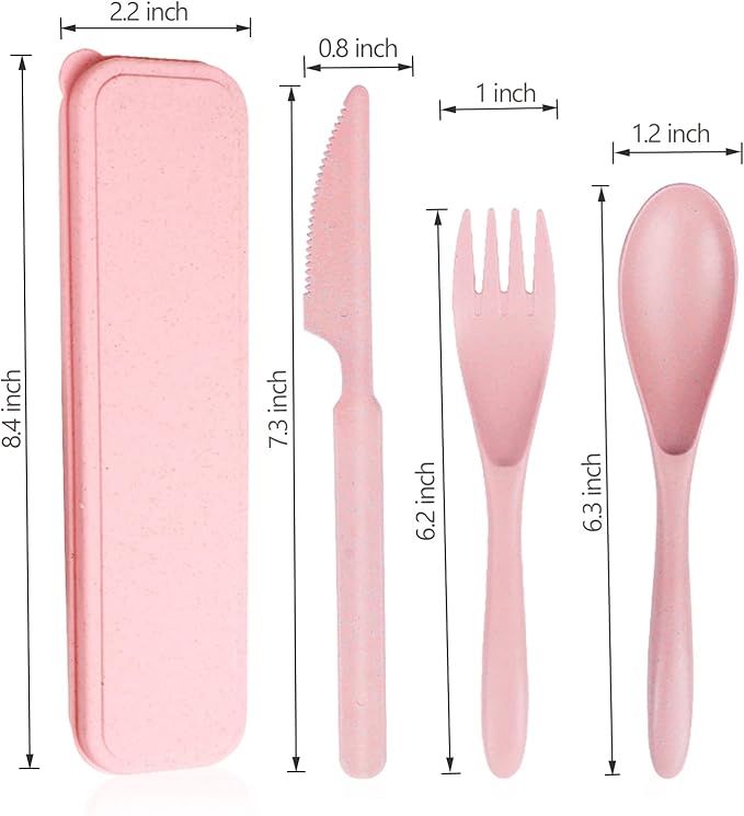 Reusable Travel Utensils Set with Case, Pink Wheat Straw Portable Plastic Fork Spoons Knife Camping Cutlery, Eco-Friendly BPA Free Lunch Tableware Travel Picnic Utensils for Kids Adults Daily Use