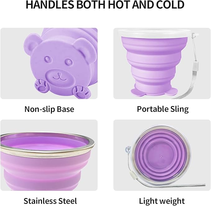 2 pcs 180ML Silicone Small Foldable Cup-Expandable Folding Drinking Cup -Reusable Portable Mugs Cup with Lids For Travel, Camping, Hiking, Survival, Holiday, Outdoor Sports Purple+Orange