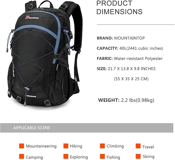 MOUNTAINTOP 40L Hiking Backpack Travel Daypack with Rain Cover for Outdoor Backpacking, Camping