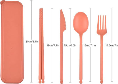 Camping Utensil Set, Reusable Utensils Set with Case, Plastic Cutlery Set Forks Spoon Tableware Chopsticks, Portable Cutlery Set for Travel Picnic Camping or Daily Use (Orange)