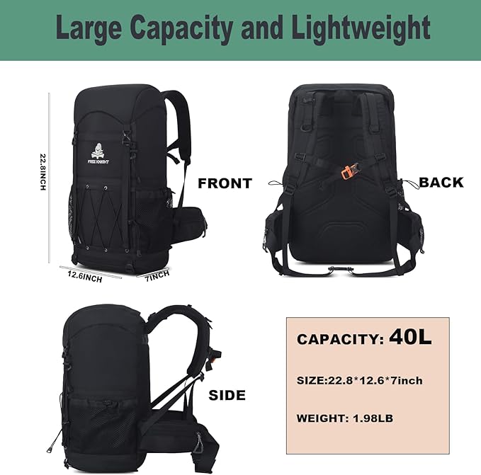 Bseash 40L Waterproof Hiking Backpack with Rain Cover, Outdoor Sport Travel Bag Daypack for Camping Climbing Cycling Skiing (Black)