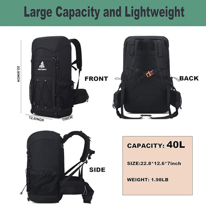 Bseash 40L Waterproof Hiking Backpack with Rain Cover, Outdoor Sport Travel Bag Daypack for Camping Climbing Cycling Skiing (Black)