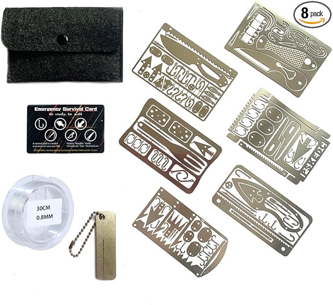 8Pcs Survival Cards Multi-Functional Tool Card Emergency Camping Tool EDC Kit in Your Walletcard with Fishhook Fishing Line,Survival Guide Multitool Camping Gear for Outdoor Hiking Hunting
