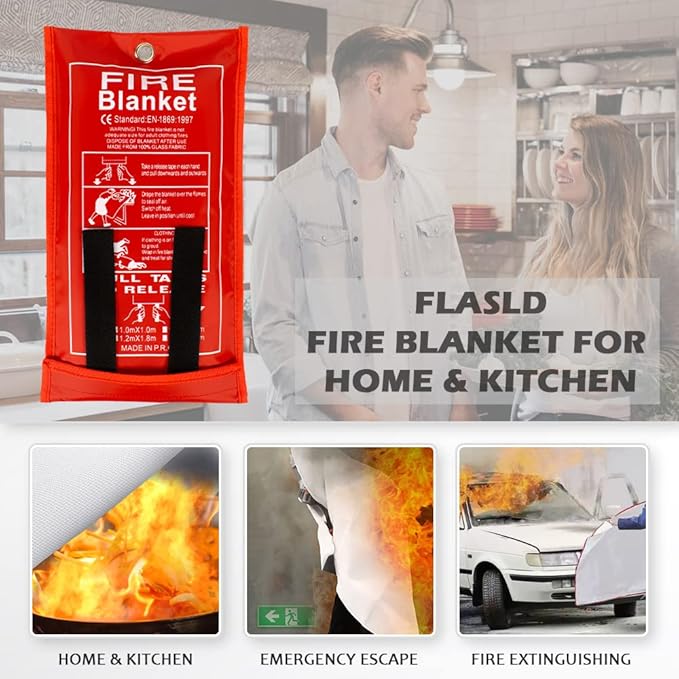 FLASLD Fire Blanket for Home and Kitchen, Fiberglass Fire Blankets Emergency for People, Flame Retardant Protection and Heat Insulation (3 ft x 3 ft - 2 Pack)