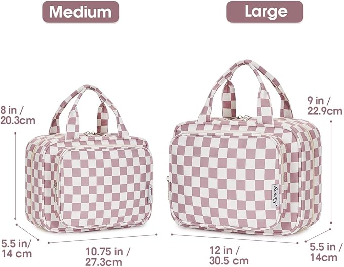 Narwey Travel Toiletry Bag for Women Large Hanging Makeup Bag Organizer Toiletries Bag for Full Size Essentials Accessories Cosmetics (Dusty Rose Checkerboard (Large))